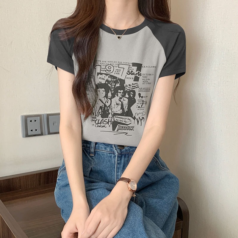 เสื้อครอปน่ารักสไตล์เกาหลี เสื้อผ้าสาวอวบแฟชั่น เสื้อยืดสวยๆผู้หญิงฤดูร้อนใหม่ เข้ารูปทรง สกรีน พิมพ์ลายวินเทจ กําลังฮิต ราคา ถูกที่สุด ดีลบีเคเค แกลเลอรีภาพที่ 7