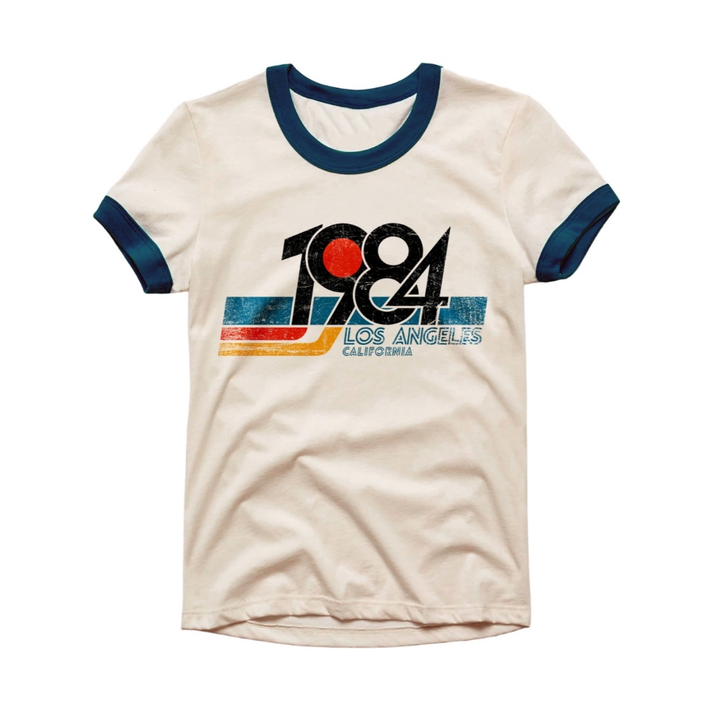 1984 Los Angeles California Ringer Beige Mens Graphic Tee 70s 90s  80s Fashion Retro Tshirts for Men