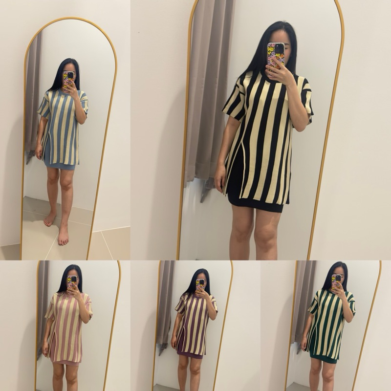 ชุดเซ็ท2ชิ้น เสื้อแขนสั้นลายทางแต่งแหวกหน้า กระโปรงทรงเอ ผ้าไหมพรมเกรดพรีเมี่ยม