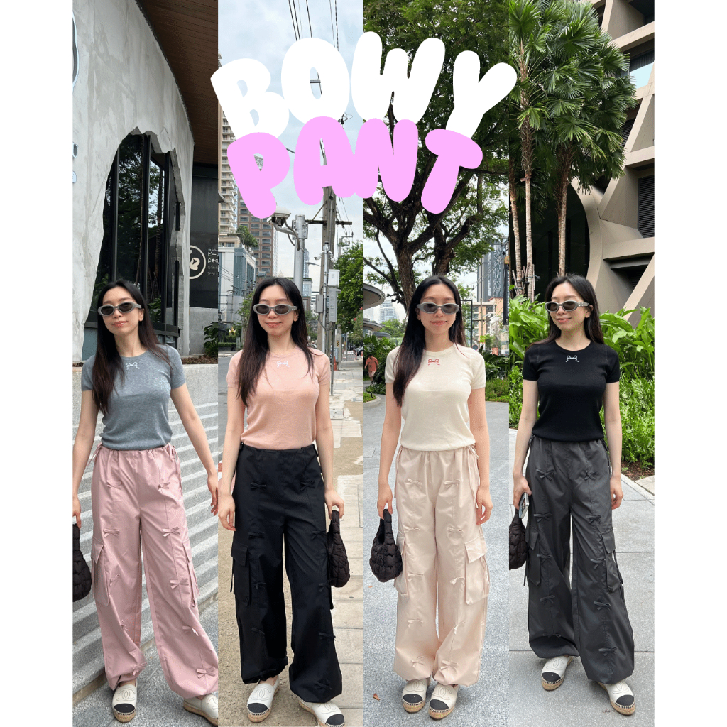 (1แถม1 แจ้งสีในแชทเลยค่ะ ดำMหมดค่ะ) UIUI | BOWY PANT กางเกงทรงคาร์โก้โบว์ติดด้านหน้า