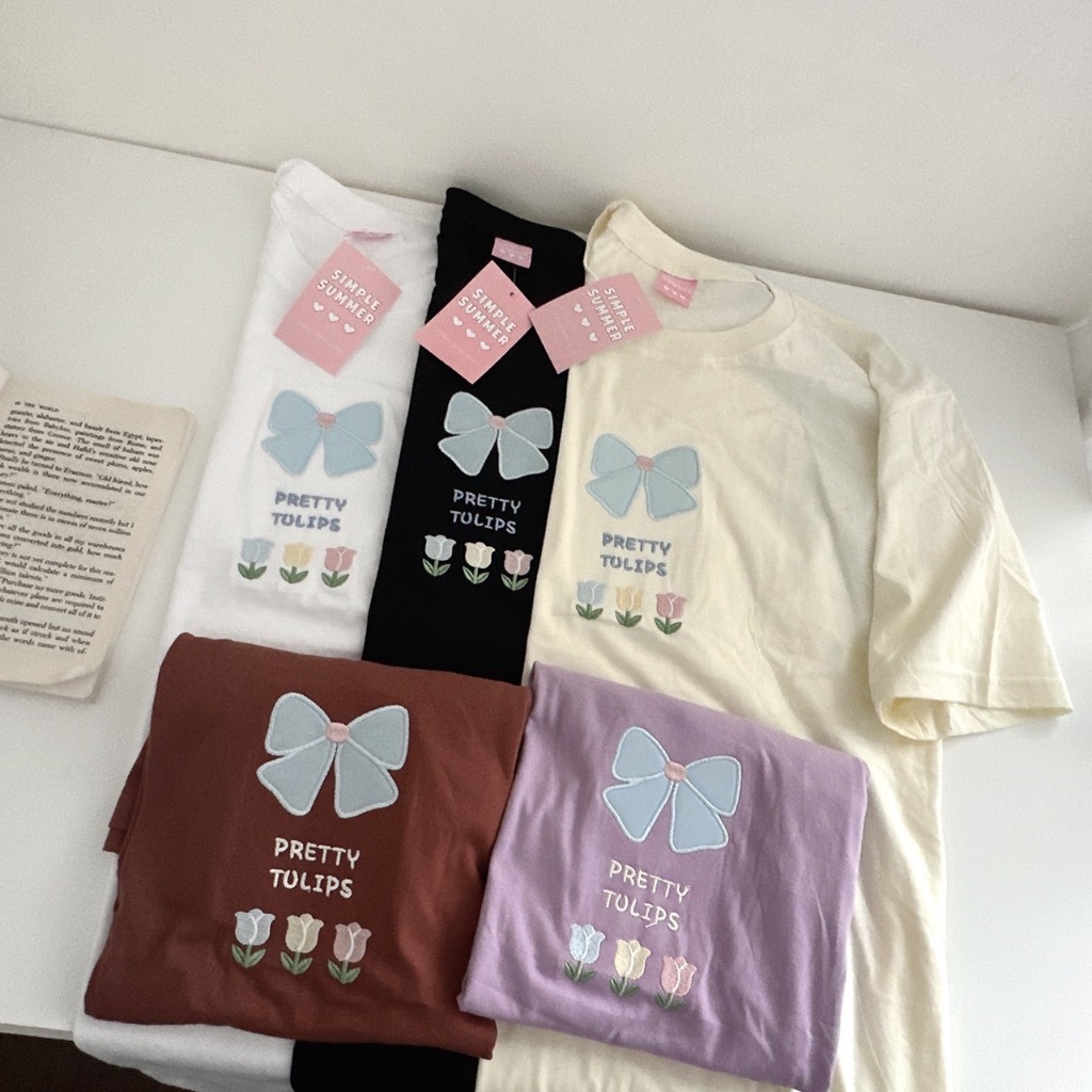 S306 เสื้อยืด oversize ผ้าคอตตอน ปัก pretty tulips