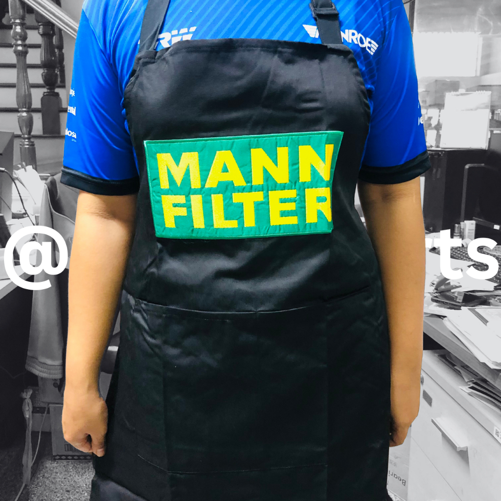 ผ้ากันเปื้อนคุณภาพจาก " MANN FILTER " งานปักคุณภาพดี ด้ายไม่หลุด ใส่สบายสุดๆไม่คันคอ