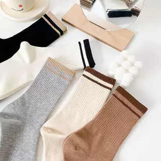 (พร้อมส่ง) ถุงเท้าข้อยาวสีเอิร์ธโทน ขีด2เส้น ข้อยาว ขนาดFree size unisex