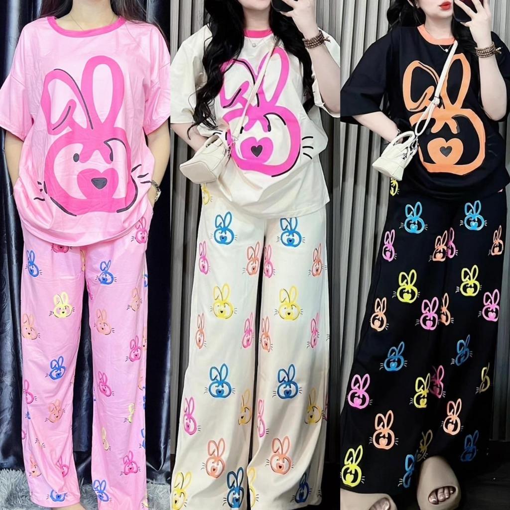 S204 ชุดเซ็ท2ชิ้น พิมพ์ลายกระต่าย แขนสั้นขายาว กางเกงมีกระเป๋าข้างเอวยางยืด