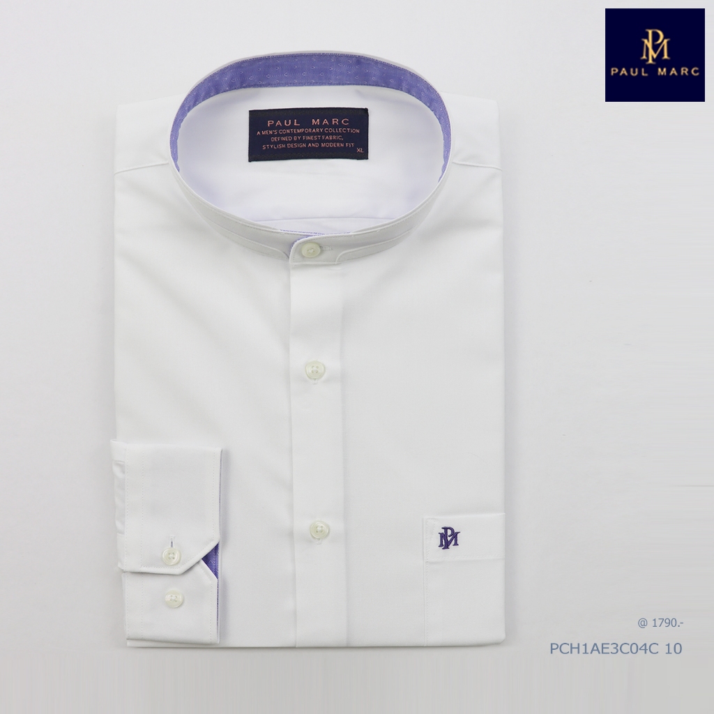 PAUL MARC เสื้อเชิ้ตคอจีนสีขาวแขนยาว slim fit ลดการเกิดแบคทีเรียและกลิ่นอับ PCH1AE3C02C ผ้านุ่ม