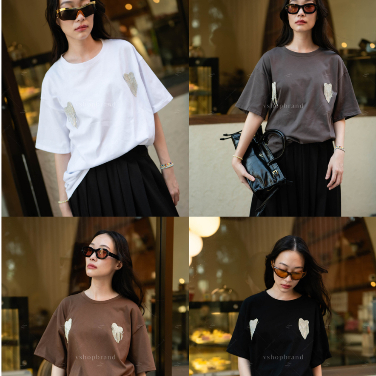 6668-1 พร้อมส่ง เสื้อยืดแต่งหัวใจเพชรระย้าอก ป้ายงาน vshop