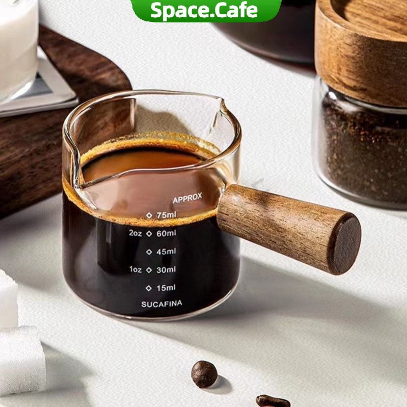 [Space.Cafe]แก้วตวง กาแฟ ด้ามไม้ สองปากเท แก้วช็อต 75-150มิลลิลิตร
