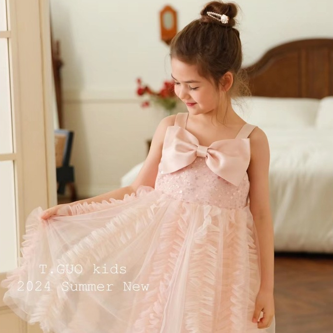ชุดสายเดี่ยวเด็กผู้หญิง สีชมพู สีครีม มีสองสี กระโปรงฟูฟูด้วยลูกไม้ ชุดเดรสเด็กมีโบว์ใหญ่ สําหรับงานออกงาน บวันเกิด