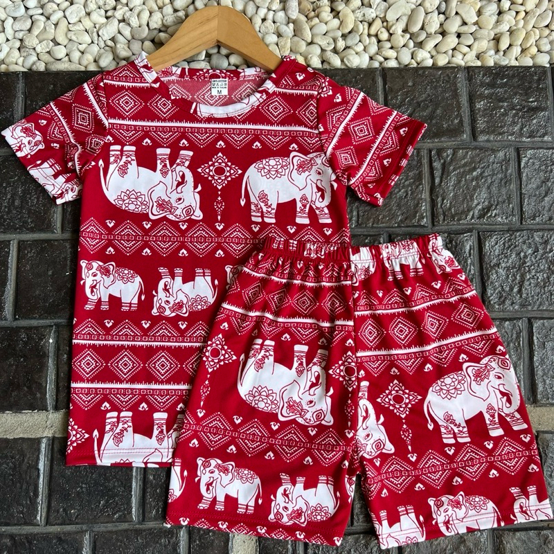 ชุดเด็กลายช้าง แขนสั้นขาสั้น ผ้าไมโครสีสดสีไม่ตกใส่สบายนิ่ม ลายช้างสลัก สั้น