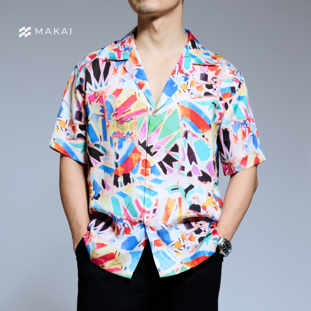 MAKAI เสื้อเชิ้ต เสื้อฮาวาย ผ้าไลโอเซลล์ ลาย MARDI GRAS Hawaiian Shirt