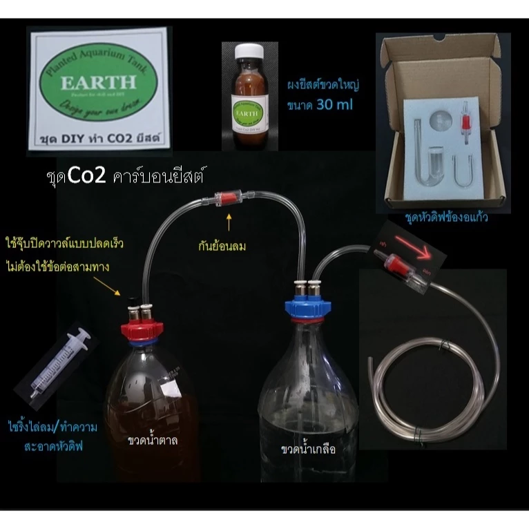 Co2 ชุดคาร์บอนยีสต์ DIY มาพร้อมคู่มือและสูตรผสม อุปกรณ์ครบ ขาดแต่ขวดน้ำอัดลม เกลือ น้ำตาลทราย.