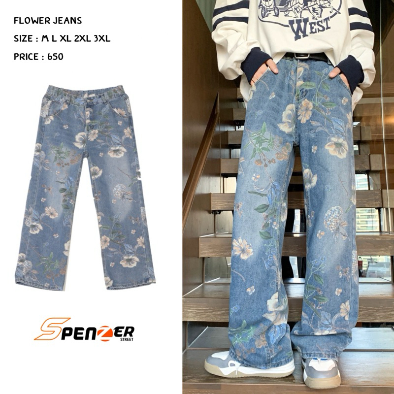 [พร้อมส่ง] Spenzer.street | Flower jean กางเกงทรงกระบอก เสื้อผ้าสตรีท เนื้อผ้าดี คุณภาพแน่น ฮิต unisex 2024 ขายดี