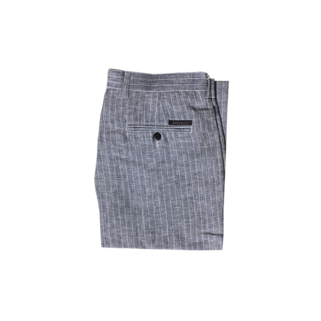 Hazard กางเกงขายาวลายทางไม่มีจีบ ผ้า Linen(ลินิน) สีกรมท่า (32)