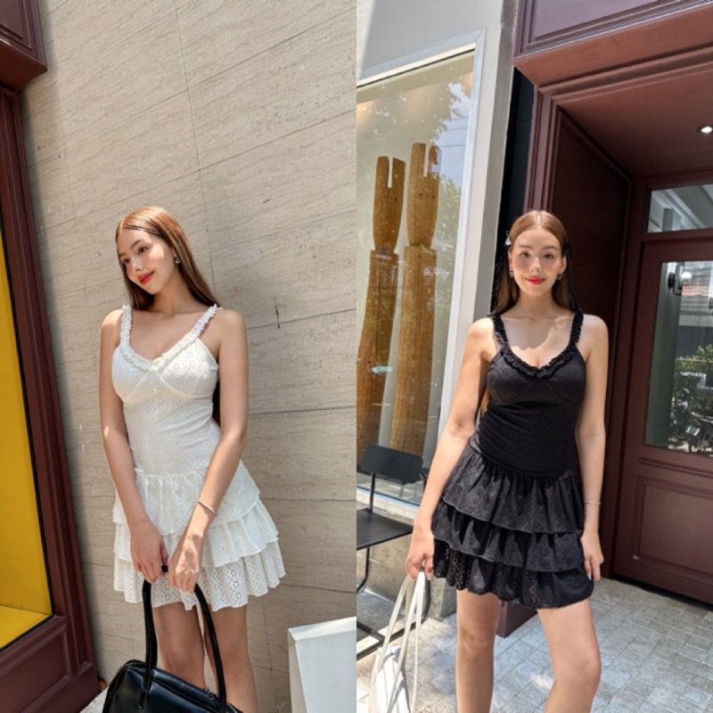 พร้อมส่ง มินิเดรสผ้ายืดแต่งฉลุสไตล์เวียดนามป้าย ONSEASON