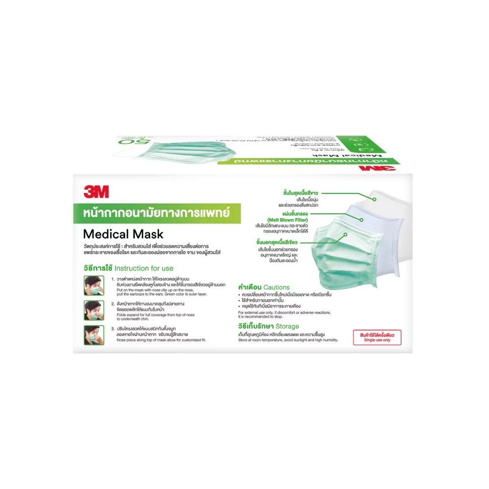 3M Nexcare Mask Medical Mask ” รุ่นหนานุ่ม ปั๊มบน ” หน้ากากอนามัยสีเขียว (1 กล่อง 50 ชิ้น) ราคา ถูกที่สุด ดีลบีเคเค แกลเลอรีภาพที่ 7