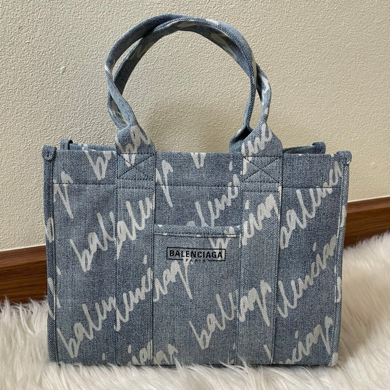 New Balenciaga Blue Small Logo Denim Hardware Tote