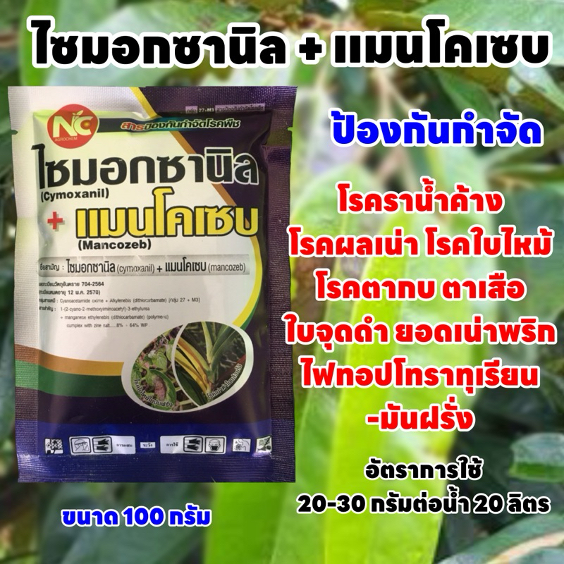 ไซมอกซานิล+แมนโคเซบ ขนาด 100 กรัม สารกำจัดโรคพืช โรคราน้ำค้าง โรคใบไหม้ ใบจุด โรคยอดเน่าพริก ไฟทอปโทราในทุเรียน มันฝรั่ง
