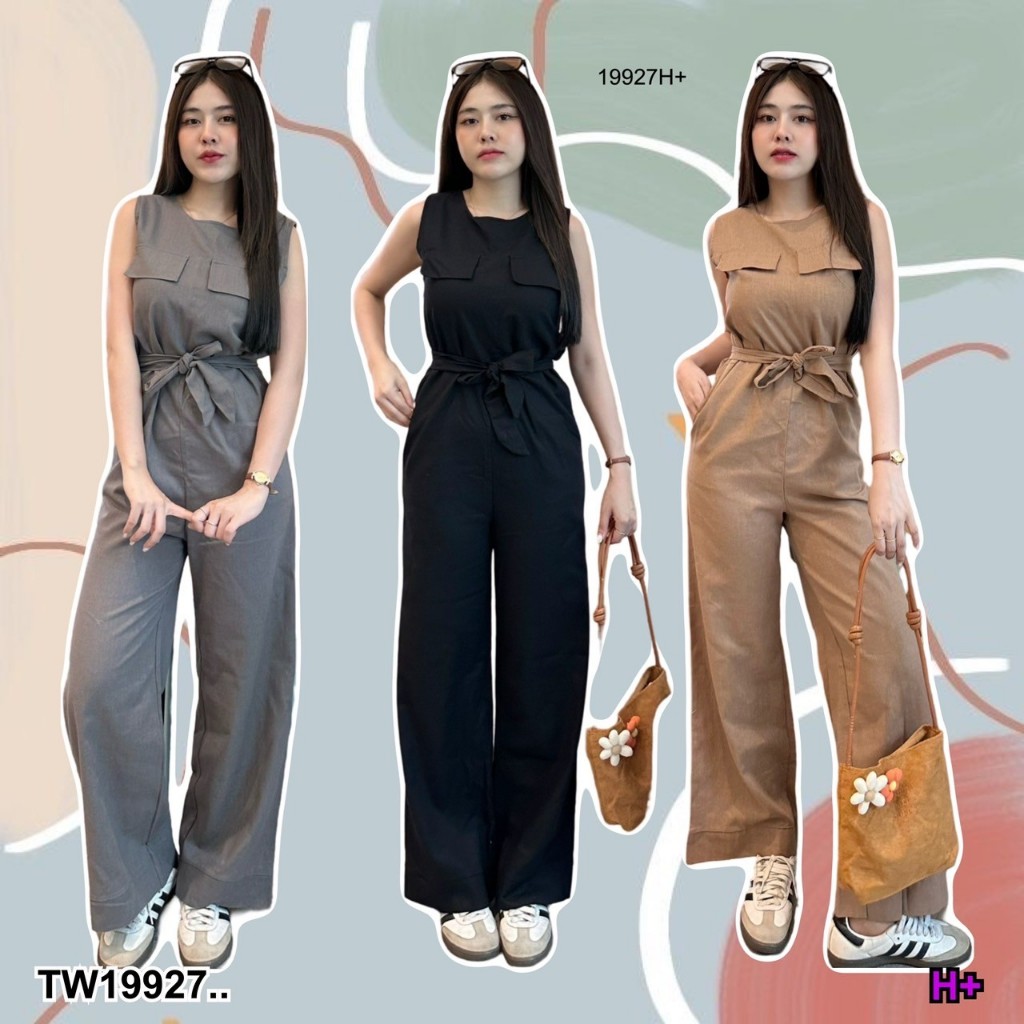 PP19927 จั๊มสูทแขนกุดขาเย็บเบิ้ล+เชือกผูกเอว 13555