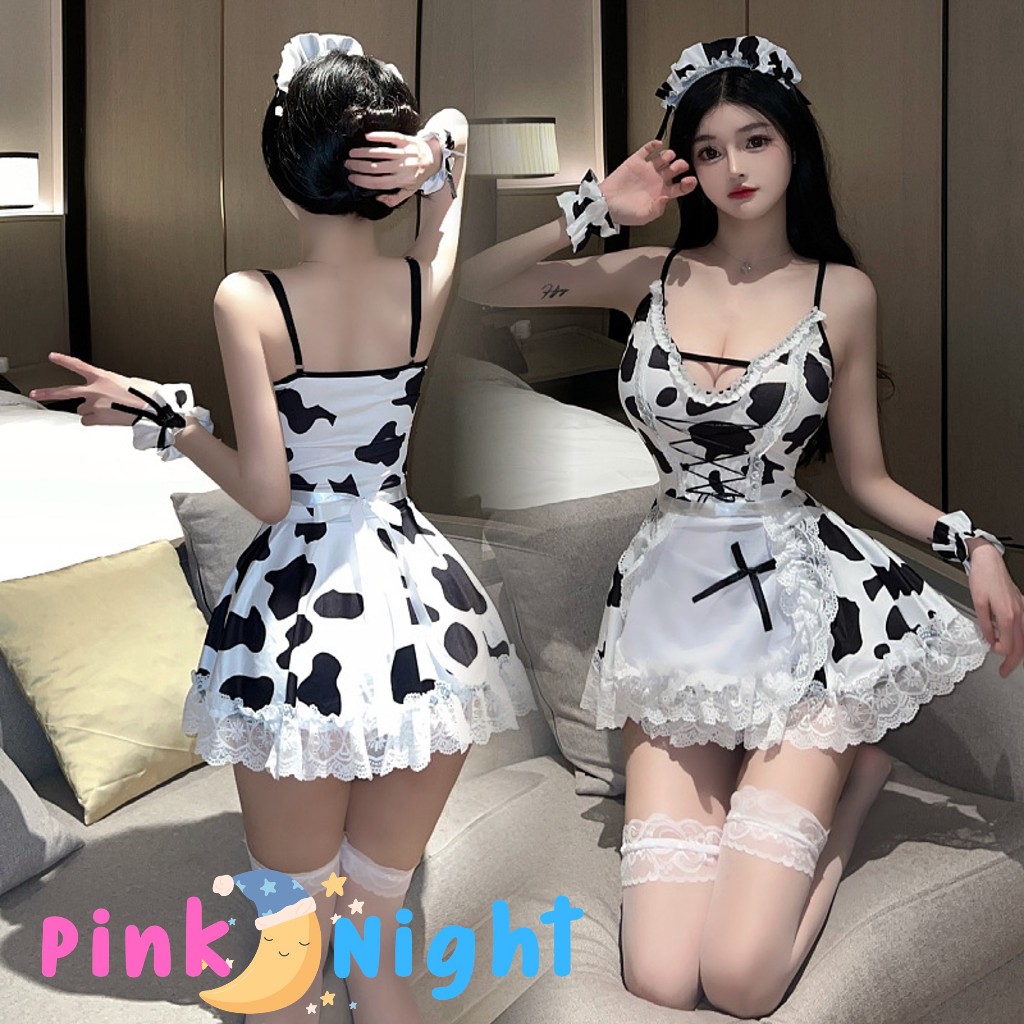 PINK NIGHT ชุดคอสเพลย์ ชุดเอี๊ยม ชุดเเม่วัว กระโปรงsexy ❤️M-5XL | 40-100กก. พร้อมเอี๊ยมสายเดี่ยว P-896