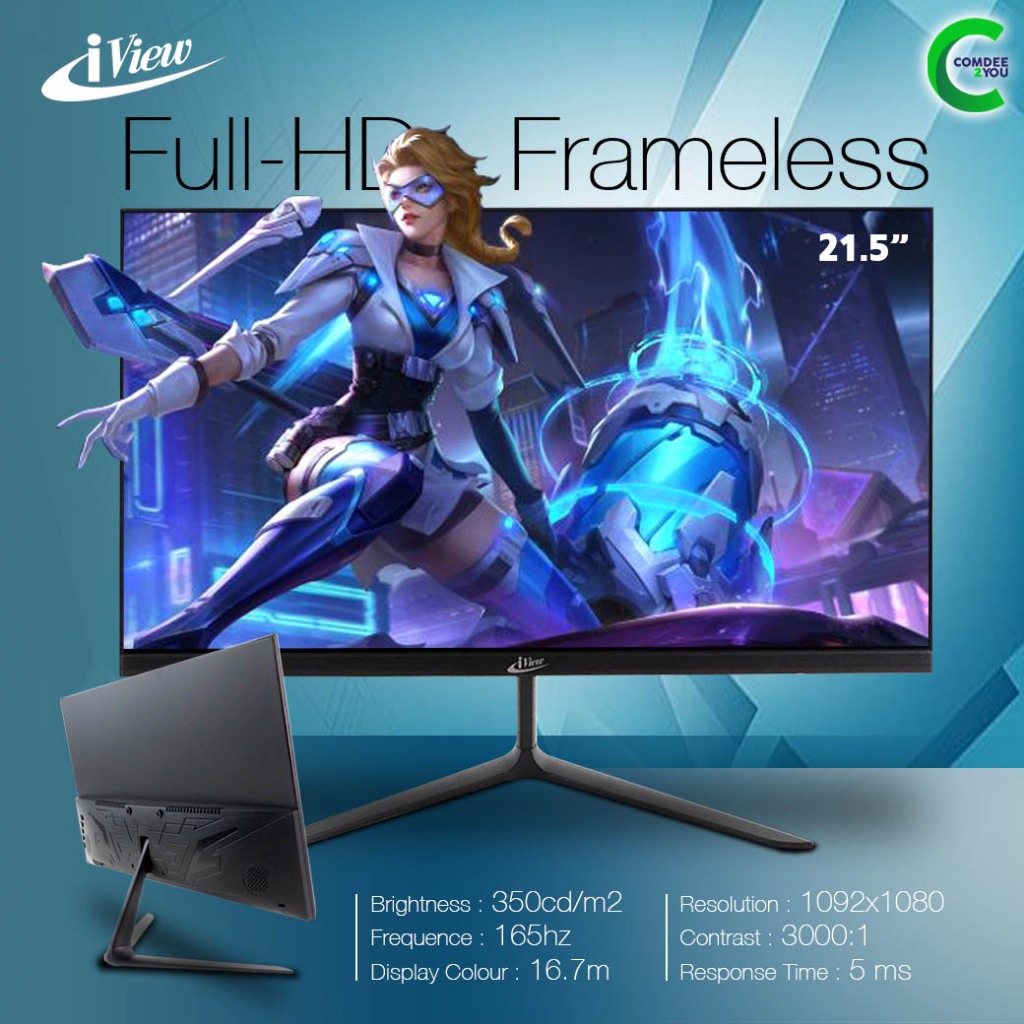 Monitor iView 21.5" Full-HD Frameless / 60Hz / 16.7 Million / HDMI / VGA / Brand New by Comdee2you