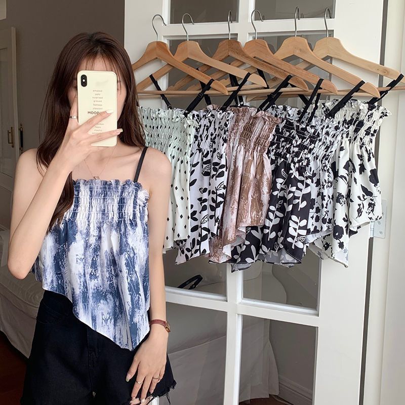 สายเอี๊ยมลายดอกไม้สำหรับฤดูร้อน เสื้อกั๊กยางยืดทรงหลวม