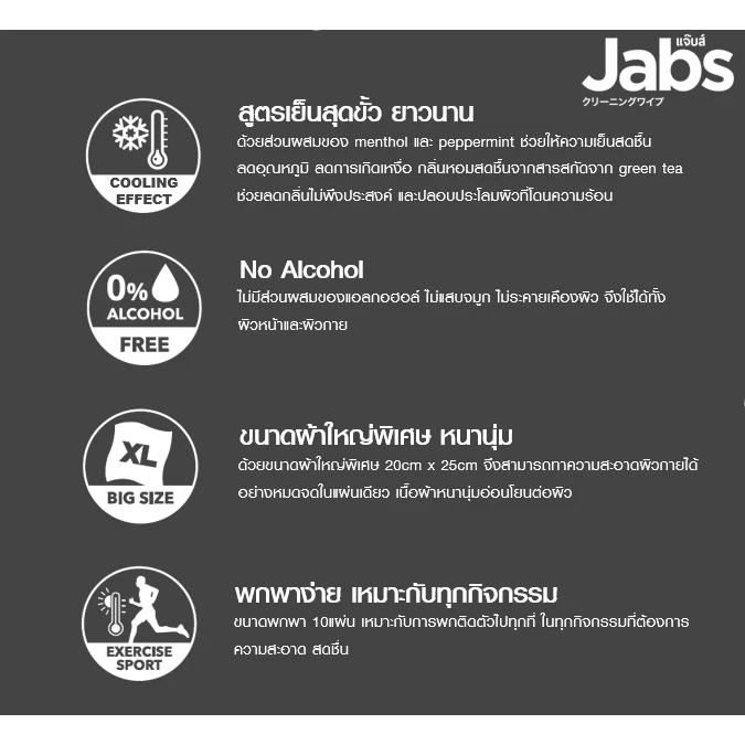 Jabs แจ๊บส์ รีเฟรชชิ่ง ไวพส์ คูลลิ่ง เฟรช ขนาด 10 แผ่น x3 thumbnail 4