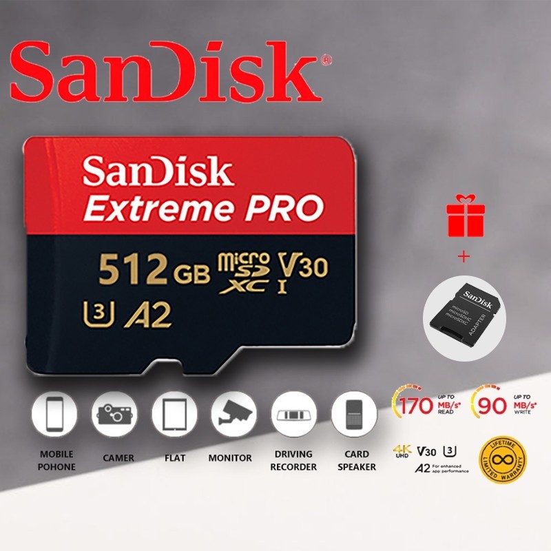 SanDisk Extreme Pro SDCard 512GB 256GB 128GB การ์ดหน่วยความจำ SDXC UHS-I U3 A2 memory card+อะแดปเตอร์