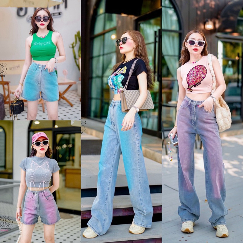 กางเกงยีนส์ทรงกระบอก แต่งสีย้อมสีสดใส สุดน่ารัก S-6XL