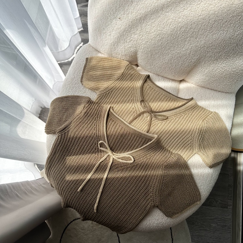 BOW 2TONE 🎀 เสื้อครอปไหมพรหม ผูกโบว์🔥พร้อมส่ง - รูปที่ 2