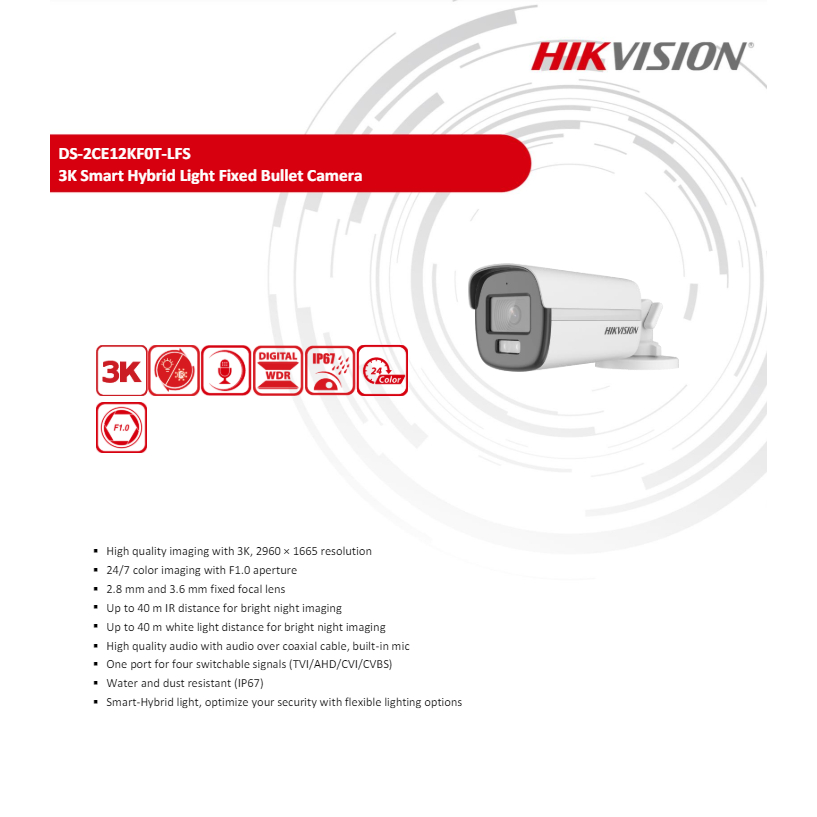 HIKVISION COLORVU 3K กล้องวงจรปิด รุ่น DS-2CE12KF0T-FS , DS-2CE12KF0T-LFS 3.6mm 2ตัว