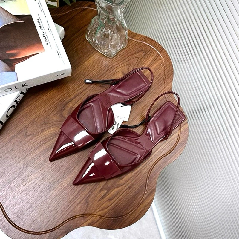 ส่งด่วนกทม📌ZARAของแท้💯 รองเท้าส้นเตึ้ยPuหัวเเหลมรัดส้น SANDALS SLINGBACK Red Bergundy