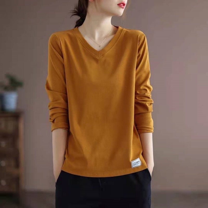 tt-รุ่น-229 เสื้อยืดคอวีสีพื้นแขนยาวมาใหม่ เสื้อทรงหลวมสไตล์เกาหลี ผ้านิ่มสวมใส่สบาย พร้อมส่งจากกรุงเทพ