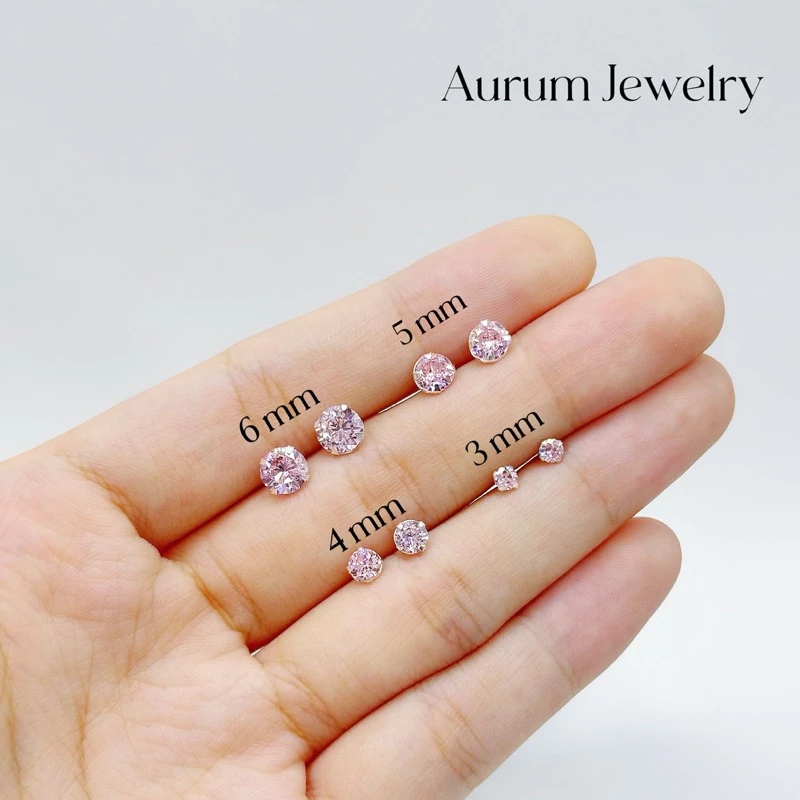 Aurum Jewelry: ต่างหูเงิน เพชร cz กลม สีชมพู รุ่น Aurum Silver Studs (ราคาต่อ 1 คู่)