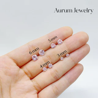 Aurum Jewelry: ต่างหูเงิน เพชร cz กลม สีชมพู รุ่น Aurum Silver Studs (ราคาต่อ 1 คู่)