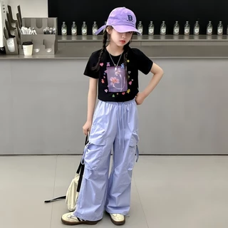 Beryl kids🌸ชุดเซ็ทเด็กผู้หญิง แฟชั่น🎀เสื้อแขนสั้นกางเกงคาร์โก้ ขากว้าง ทรงหลวม พิมพ์ลายน่ารัก รุ่นใหม่ ฤดูร้อน