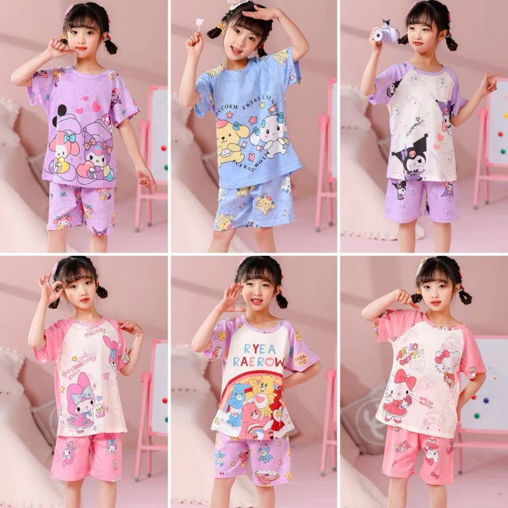 ชุดนอนเด็ก เสื้อผ้าสาวๆ ชุดนอนเด็กผู้หญิง เสื้อแขนสั้น+กางเกงขาสั้น ลายการ์ตูนน่ารัก เนื้อผ้ามีความนุ่มและระบายอากาศได้ด