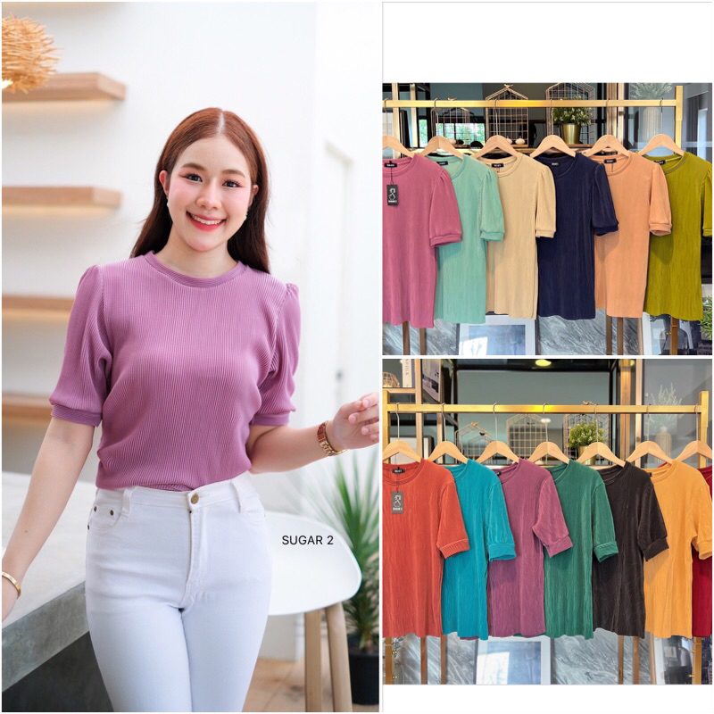เสื้อคอกลม แขนตุ๊กตา ผ้าอัดพลีท
