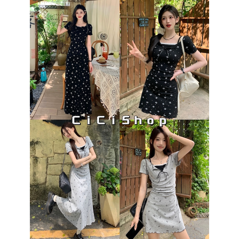 Cicishop(J1118/J1117)เดรสสั้น/เดรสยาว แขนสั้น แต่งลายโบว์ดีเทลลูกไม้ ลุคน่ารักซุกซน