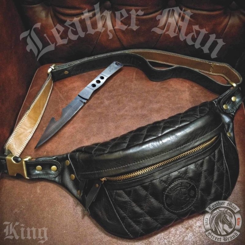 กระเป๋าคาดเอว (มือ1) LeatherMan หนังแท้ รุ่น King สีดำเงา