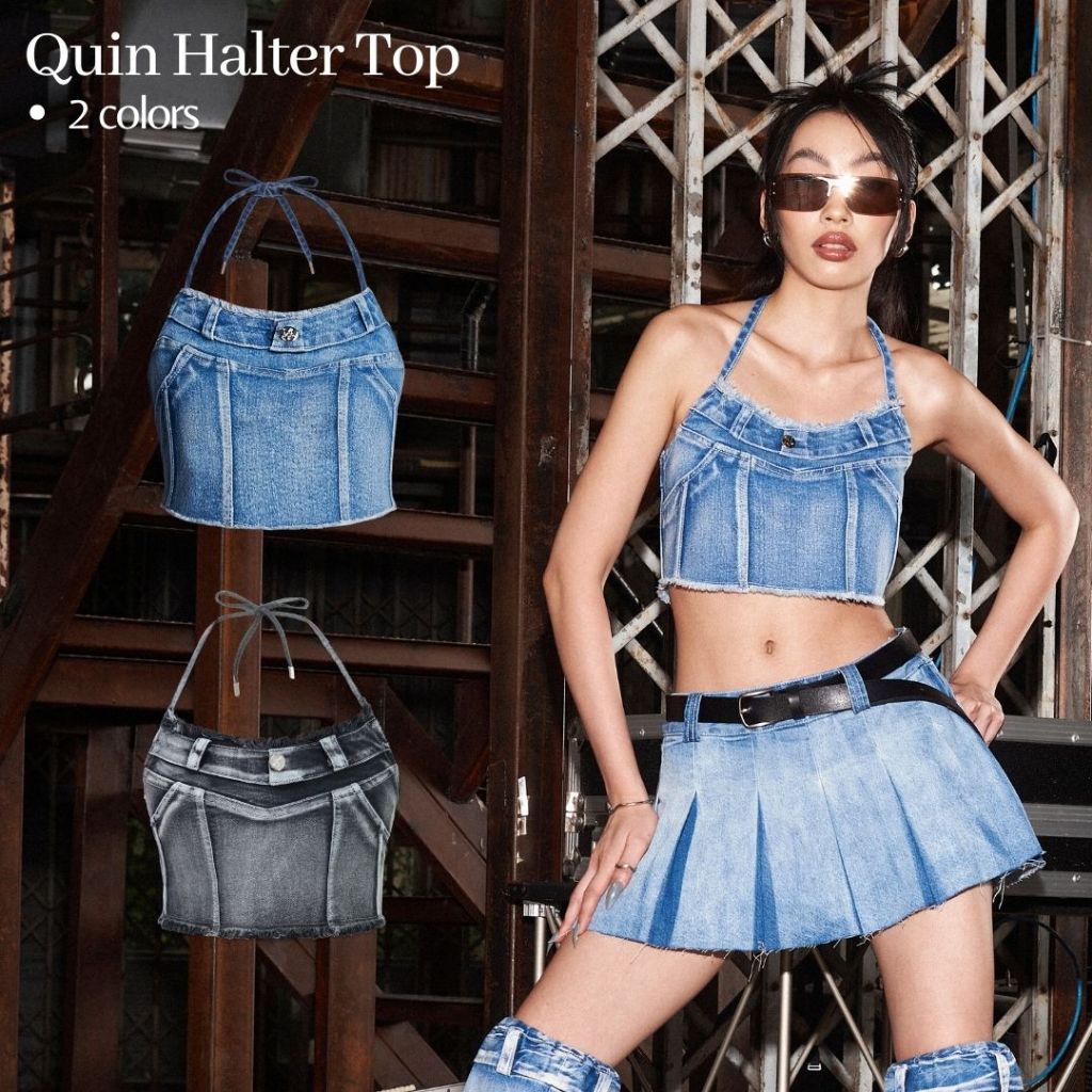 Merge Official - Quin Halter Top 3 Colors (พร้อมส่ง) เสื้อเกาะอกคล้องคอ ผ้า Denim Spandex