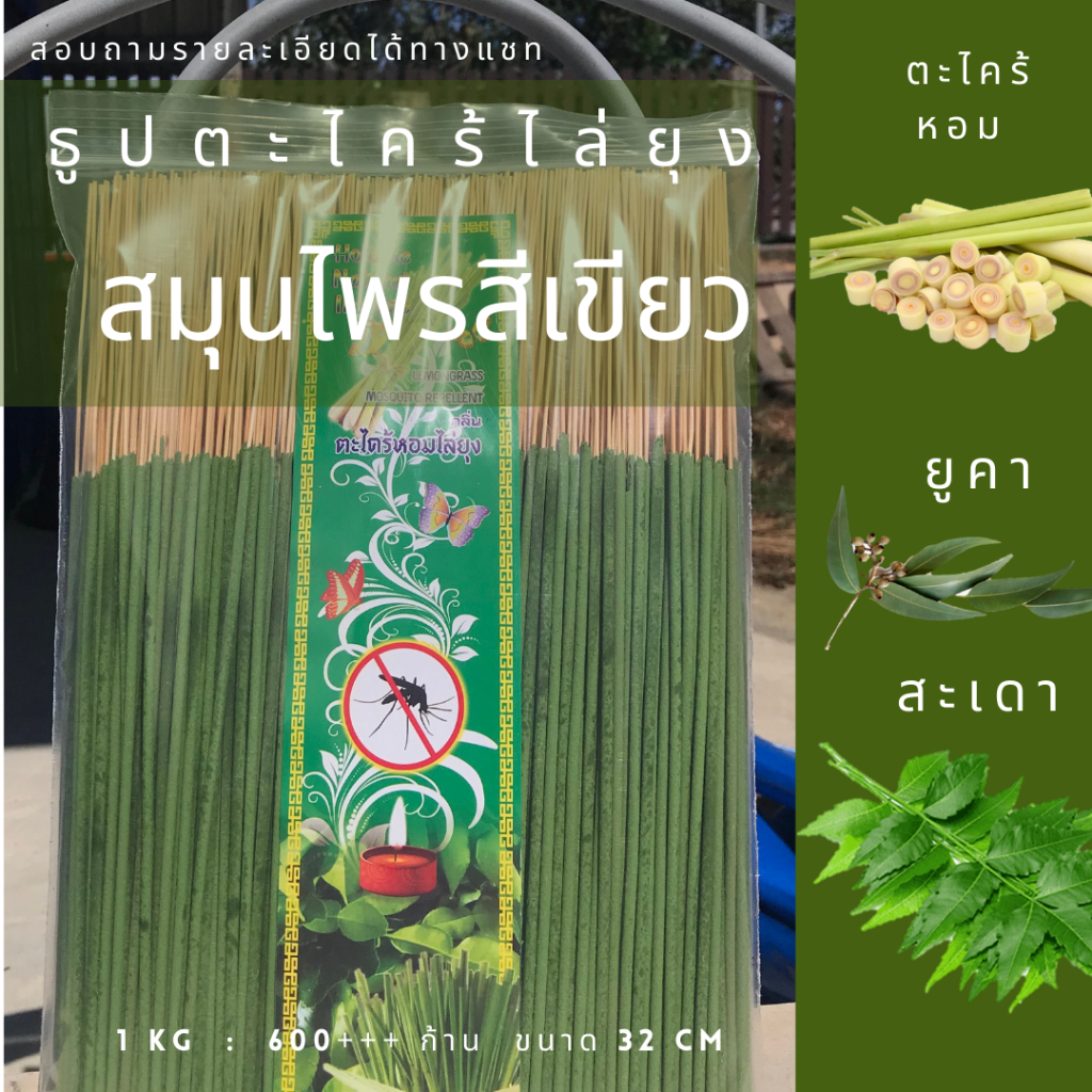 ธูปสมุนไพรตะไคร้ไล่ยุงสีเขียว 1kg ขนาด 32 cmราคาส่งจากโรงงาน จุดดง่าย ใช้ดี