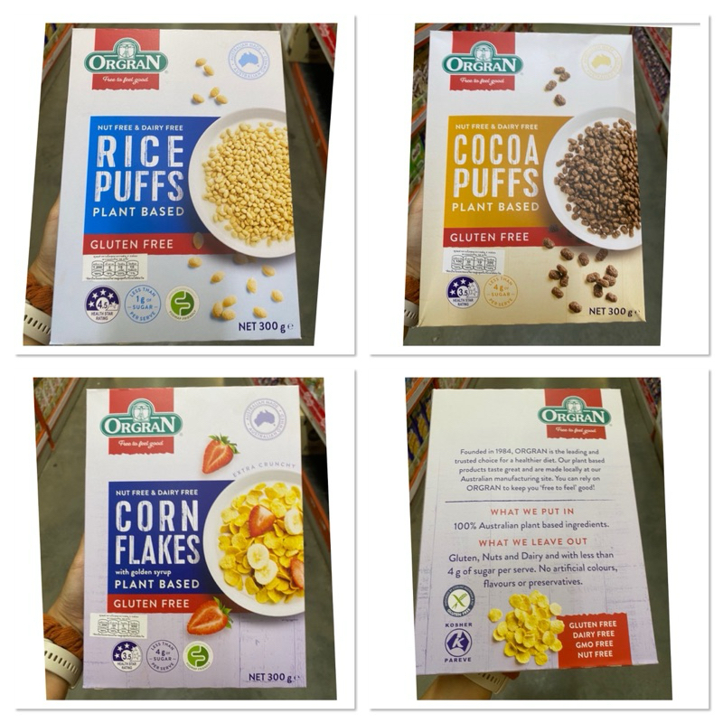 Nut Free &amp; Dairy Free Rice Puffs Plant Based Gluten Free Orgran 300 G. ข้าวอบกรอบ ออร์แกรน / Cocoa / Corn Flakes