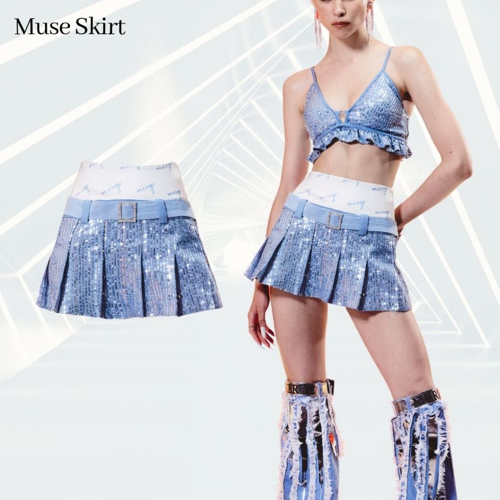 Merge Official - Muse Skirt (พร้อมส่ง) กระโปรงยีนส์สั้น ปักเลื่อมทั้งตัว ขอบเอว 2 ชั้น