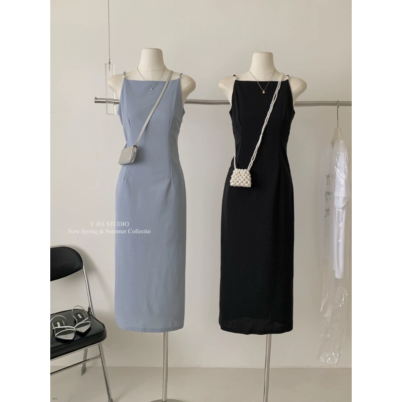 9030#เดรสสายเดี่ยวแต่งมุกช่วงสาย งานซิปหลัง ผ่าหลัง TAG: Y.JIA STUDIO