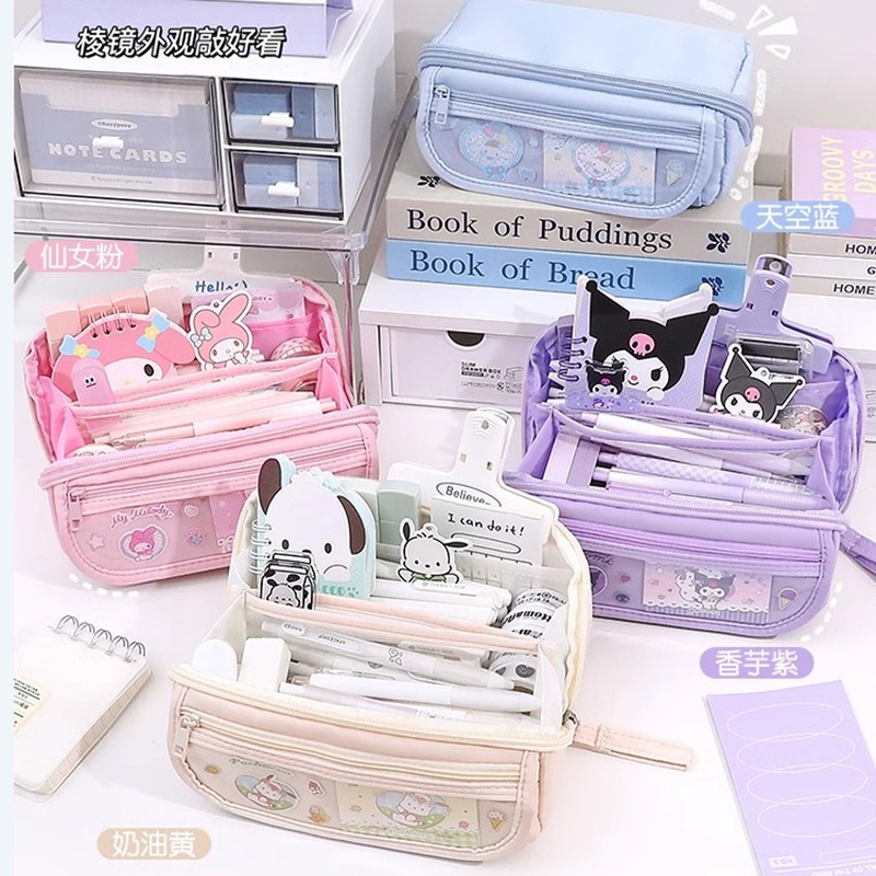 SANRIO กระเป๋าดินสอ ลายการ์ตูน สีดำ น่ารัก ขนาดใหญ่ จุของได้เยอะ เหมาะสำหรับนักเรียนชั้นประถมศึกษาและมัธยมศึกษา
