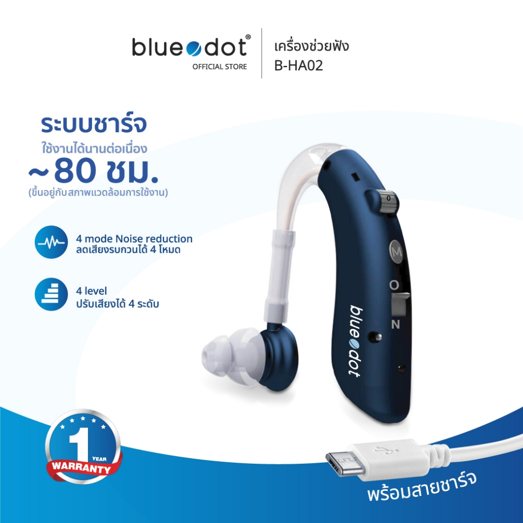 (พร้อมส่ง) เครื่องช่วยฟัง แบบชาร์จ ใช้ได้ทุกวัย  [รับประกัน 1ปี] Bluedot BTE B-HA02 เครื่องช่วยฟัง