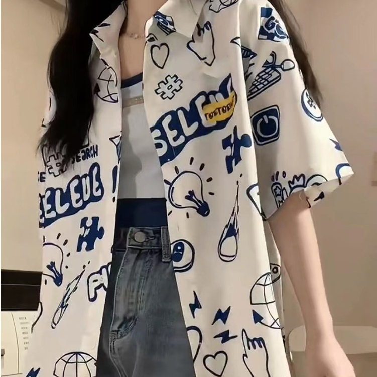 fashiongirl1688 เสื้อเชิ้ตแขนสั้น ลำลอง พิมพ์ลายกราฟฟิก ตัวการ์ตูน น่ารัก สไตล์เกาหลี พร้อมส่งจ้าา