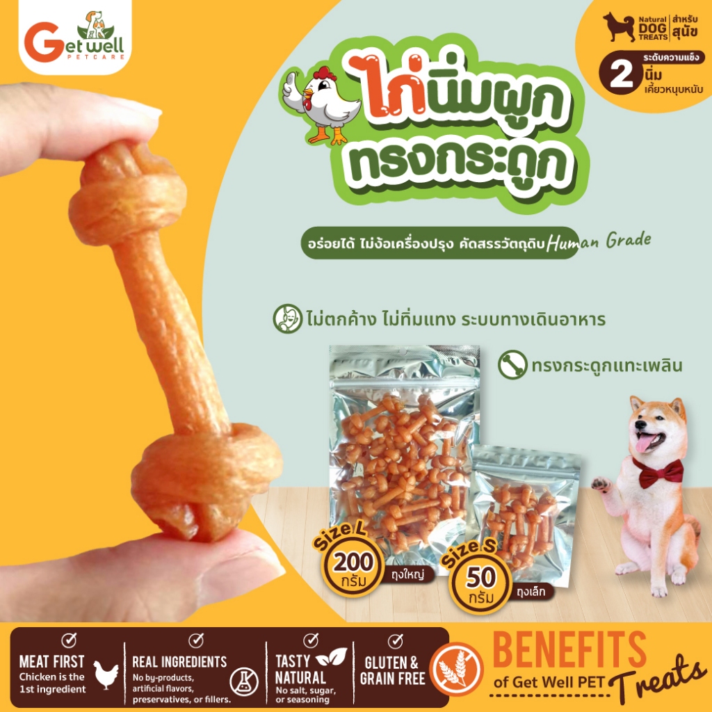 Get Well ไก่นิ่มผูกทรงกระดูก เคี้ยวสนุก ย่อยง่าย ไม่ตกค้างระบบทางเดินอาหาร ขนมสุนัข ขนมหมา ไม่ปรุงรส