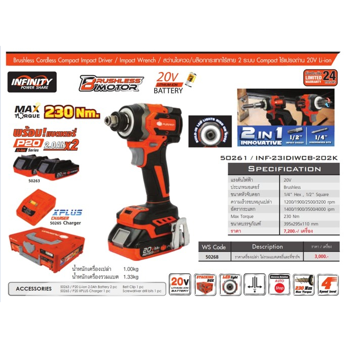 PUMPKIN ไขควงกระแทกไร้สาย Impact Driver 20V (1/4นิ้ว ,170Nm) มอเตอร์ไร้แปรงถ่าน รุ่น INF-65ICBL (502