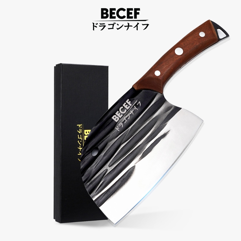 BECEF มีดปังตอ หัวมังกร  มีดหั่น สับ ซอย มีดสไตล์ญี่ปุ่น มีดปังตอ สันหนา 3 มิล ด้ามไม้แฮนด์เมด